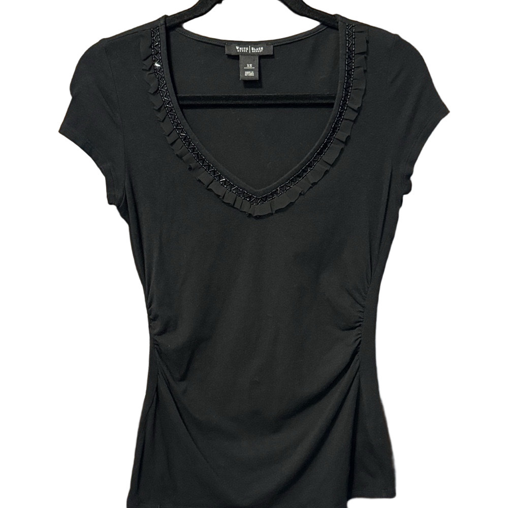 White House Black Market Black Embellished V-Neck Tee
